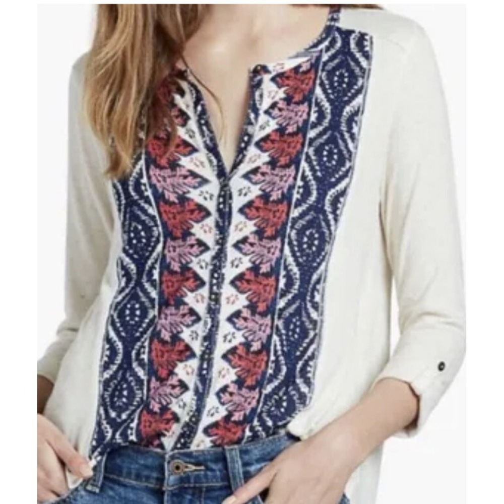 Women's Lucky Brand Knit Button Front S Ivory Blue Image Print NWT
